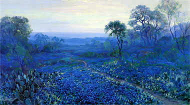 Пейзаж с синими цветущими люпинами (Bluebonnet Landscape with Catci, Road and Mountain Laurel) :: Роберт Джулиан Ондердонк, 1912 год (синие сумерки)